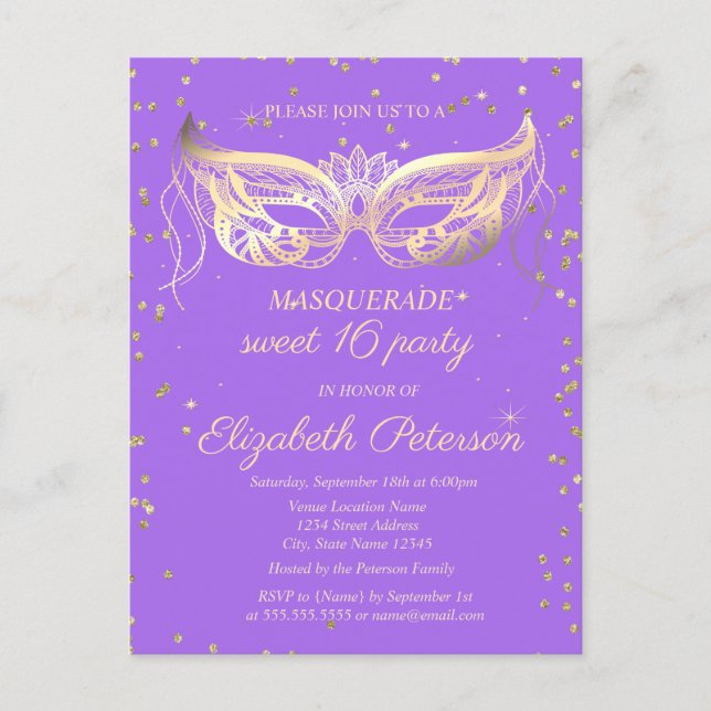 Masquerade Gold Diamonds Violet Sweet 16  Invitation Postcard (Front)
