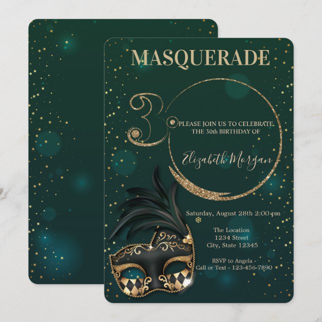 Masquerade Gold Glitter Green 30th Birthday   Invitation (Front/Back)