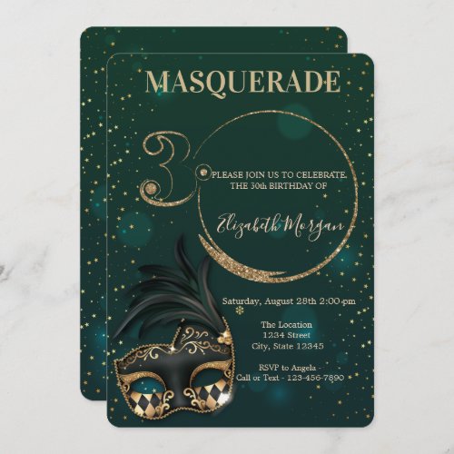 Masquerade Gold Glitter Green 30th Birthday   Invitation