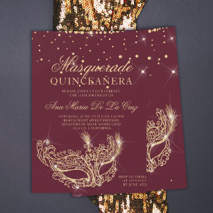 Masquerade gold glitter red burgundy quinceanera invitation