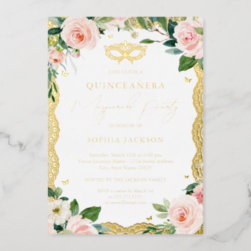 Masquerade Gold Lace Blush Floral Quinceanera  Foil Invitation