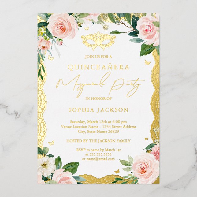 Masquerade Gold Lace Blush Floral Quinceanera  Foil Invitation (Front)