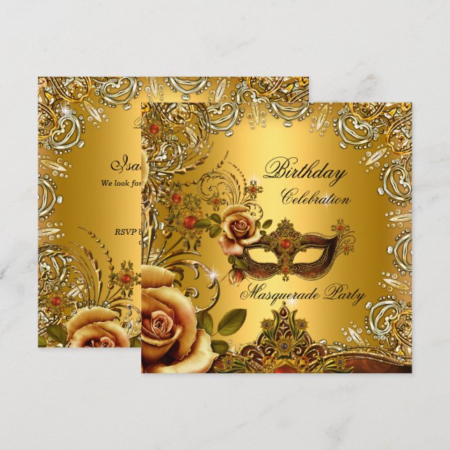 Masquerade Gold Mask Birthday Party Invitation (Front/Back)