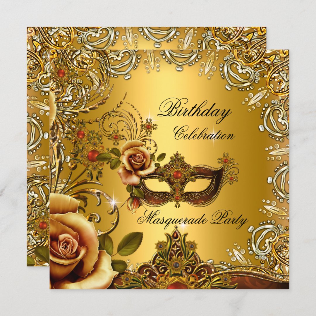 Masquerade Gold Mask Birthday Party Invitation | Zazzle