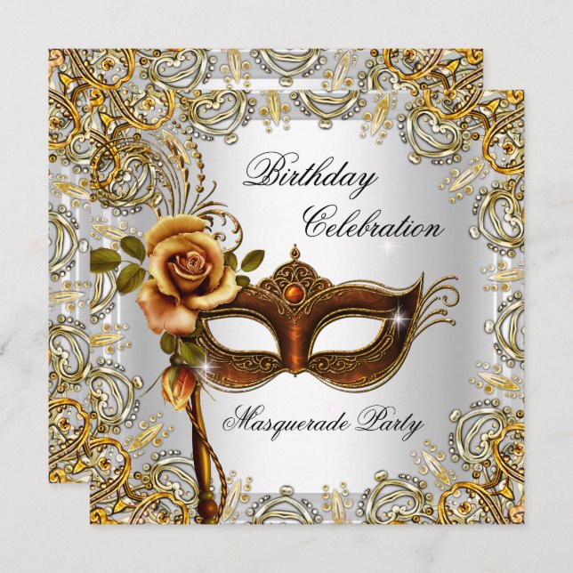 Masquerade Gold Mask Birthday Party Invitation (Front/Back)