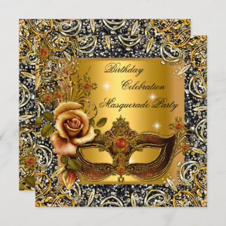 Masquerade Gold Mask Glitter Black Birthday Party Invitation