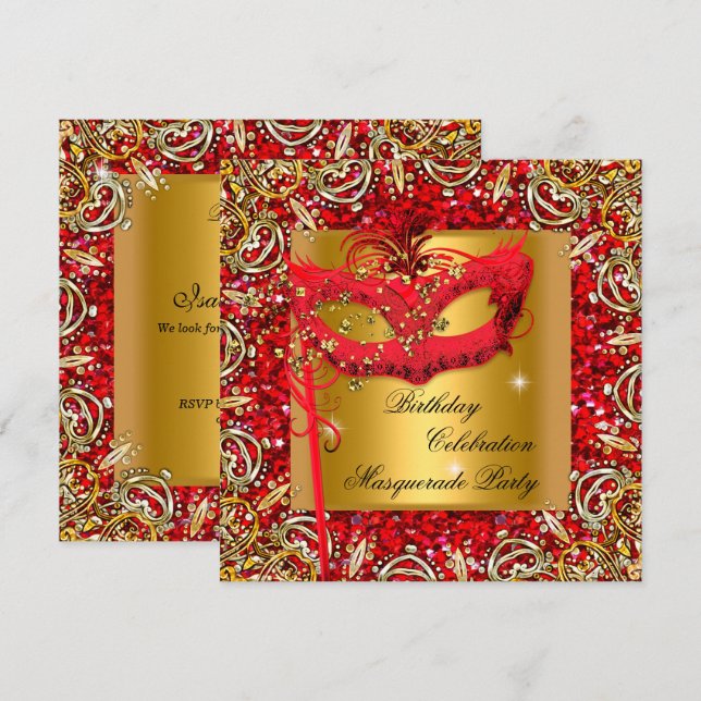 Masquerade Gold Mask Glitter Red Birthday Party 2 Invitation (Front/Back)