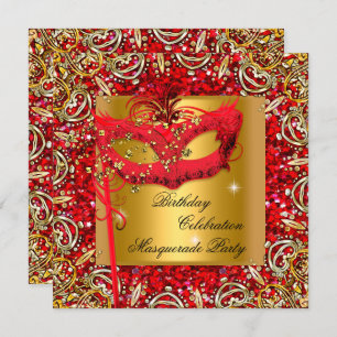 Masquerade Gold Mask Glitter Red Birthday Party 2 Invitation