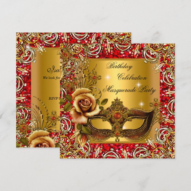 Masquerade Gold Mask Glitter Red Birthday Party Invitation (Front/Back)
