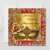 Masquerade Gold Mask Glitter Red Birthday Party Invitation (Front)