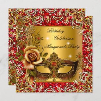 Masquerade Gold Mask Glitter Red Birthday Party Invitation