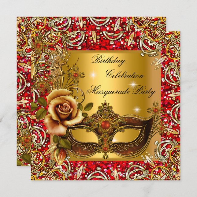 Masquerade Gold Mask Glitter Red Birthday Party Invitation (Front/Back)