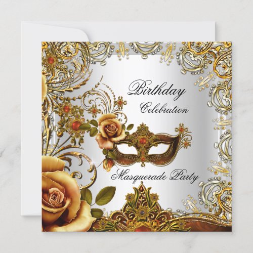 Masquerade Gold Mask Silver Birthday Party Invitation
