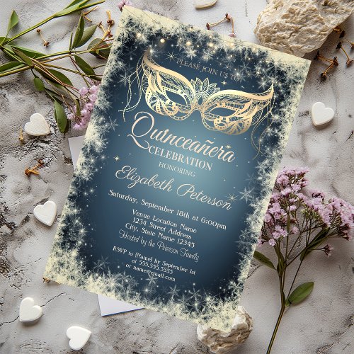 MasqueradeGold Mask Snowflakes Quinceaera Invitation