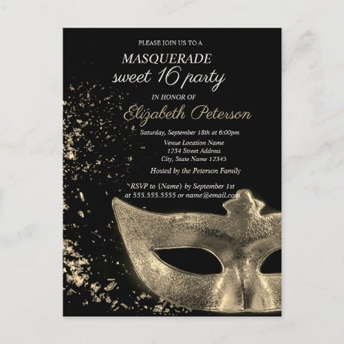 Masquerade Gold Masque Black Sweet 16 Invitation Postcard
