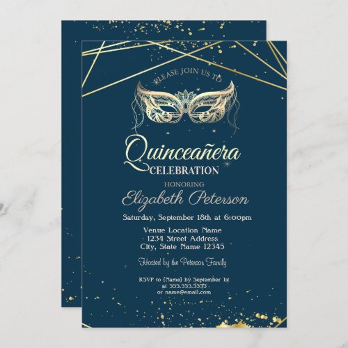 MasqueradeGold Navy Blue Quinceaera Invitation