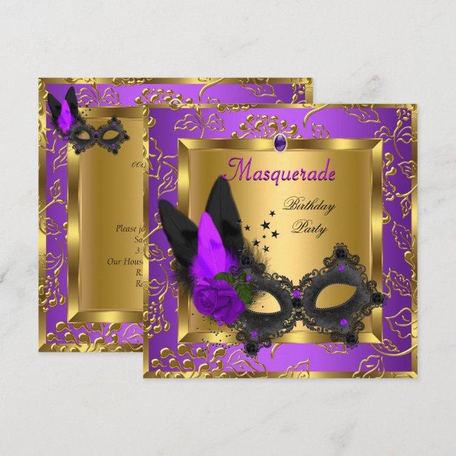 Masquerade Gold Purple Black Birthday Party Invitation (Front/Back)