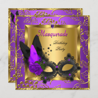 Masquerade Gold Purple Black Birthday Party Invitation