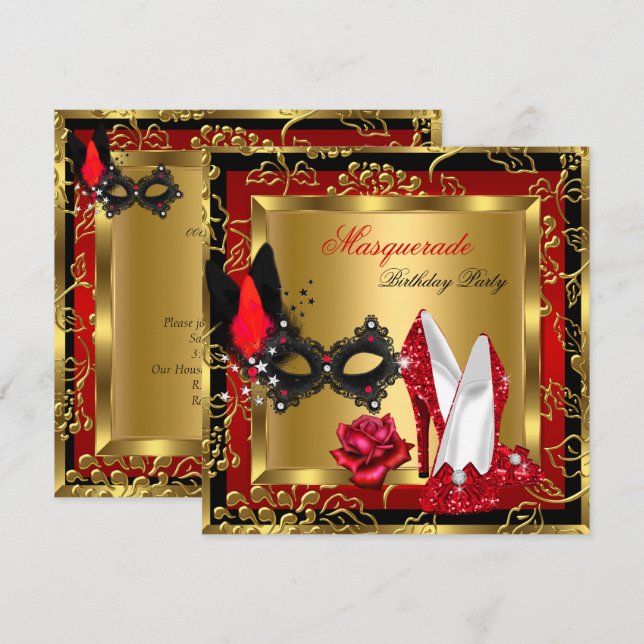 Masquerade Gold Red Black Glitter High Heels Mask Invitation (Front/Back)