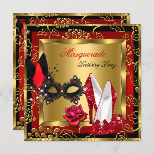 Masquerade Gold Red Black Glitter High Heels Mask Invitation