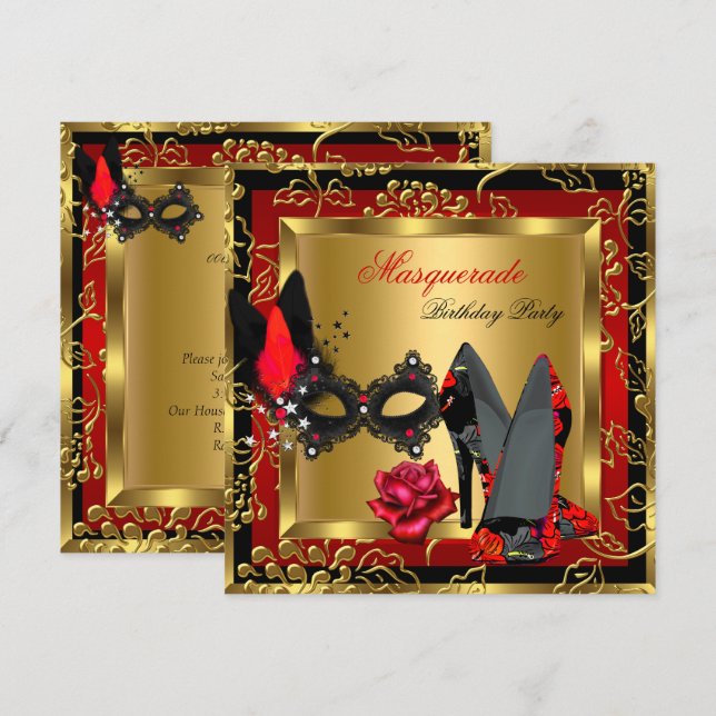 Masquerade Gold Red Black High Heels Mask Rose Invitation (Front/Back)