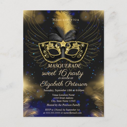 Masquerade Gold Shiny Sweet 16 Invitation Postcard
