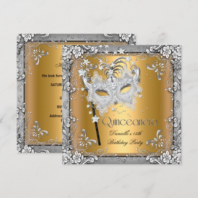 Masquerade Gold Silver Quinceanera 15th Party Invitation (Front/Back)