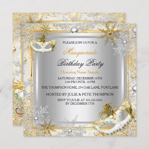 Masquerade Gold Silver Snowflakes Masks Party 2 Invitation