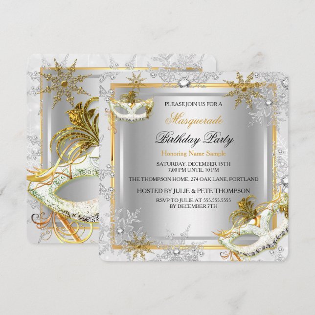 Masquerade Gold Silver Snowflakes Masks Party Invitation (Front/Back)
