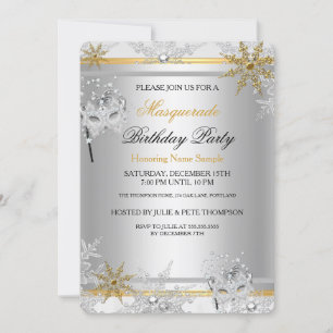 Masquerade Gold Snowflakes Silver Masks Party 2 Invitation