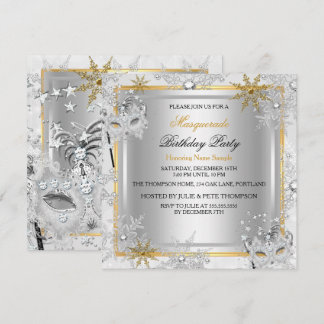 Masquerade Gold Snowflakes Silver Masks Party 2 Invitation