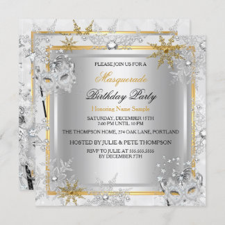 Masquerade Gold Snowflakes Silver Masks Party 2 Invitation