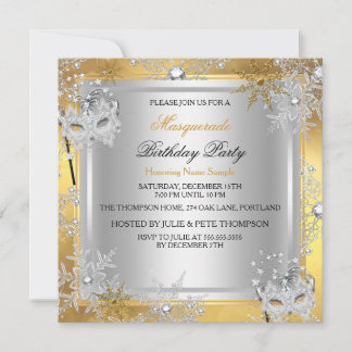 Masquerade Gold Snowflakes Silver Masks Party 3 Invitation