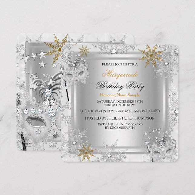 Masquerade Gold Snowflakes Silver Masks Party Invitation (Front/Back)