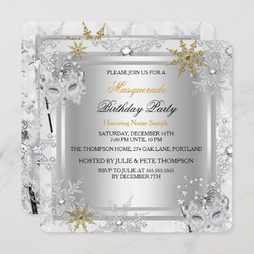 Masquerade Gold Snowflakes Silver Masks Party Invitation