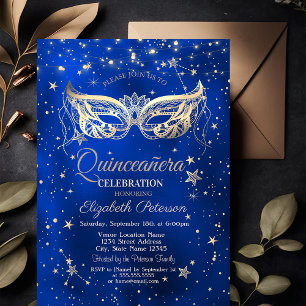 Masquerade,Gold Stars Blue Quinceañera Invitation