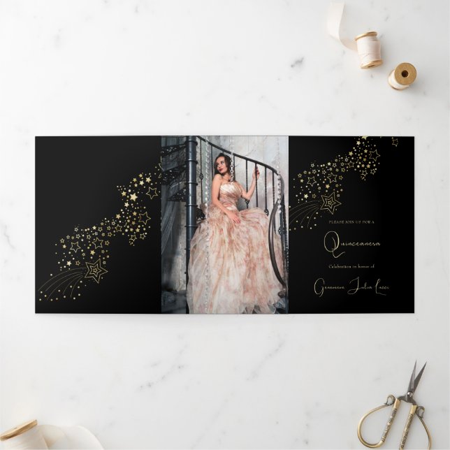 Masquerade Gold Stars Quinceanera Party Invitation (Outside)