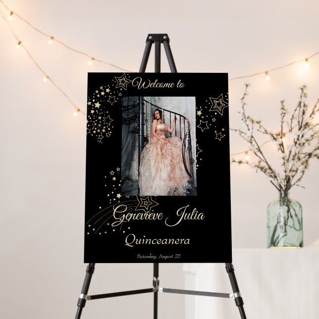Masquerade Gold Stars Quinceanera Party Invitation Foam Board (In Situ (Stand))