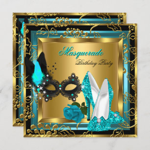 Masquerade Gold Teal Black Glitter High Heels Mask Invitation