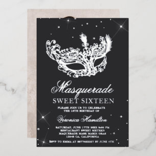 Masquerade gray silver glitter mask Sweet 16 photo Foil Invitation