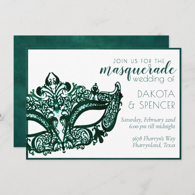 Masquerade Green | Dark Emerald Mardi Gras Wedding Invitation (Front/Back)