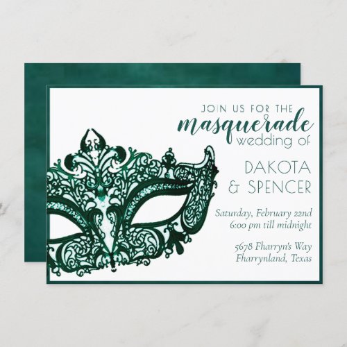 Masquerade Green  Dark Emerald Mardi Gras Wedding Invitation