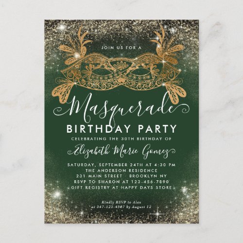 Masquerade Green Gold Glitter Dust Birthday Party Postcard