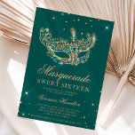Masquerade green gold glitter mask Sweet 16 Invitation<br><div class="desc">A modern,  chic and glamorous sweet sixteen with a hand drawn gold glitter masquerade mask with gold glitter diamond sparkles on an editable green background with gold glitter at the back.</div>