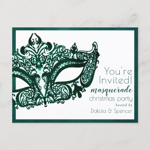 Masquerade Green Mask  Mardi Gras Christmas Party Invitation Postcard