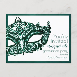 Masquerade Green Mask   Mardi Gras Graduation Invitation Postcard