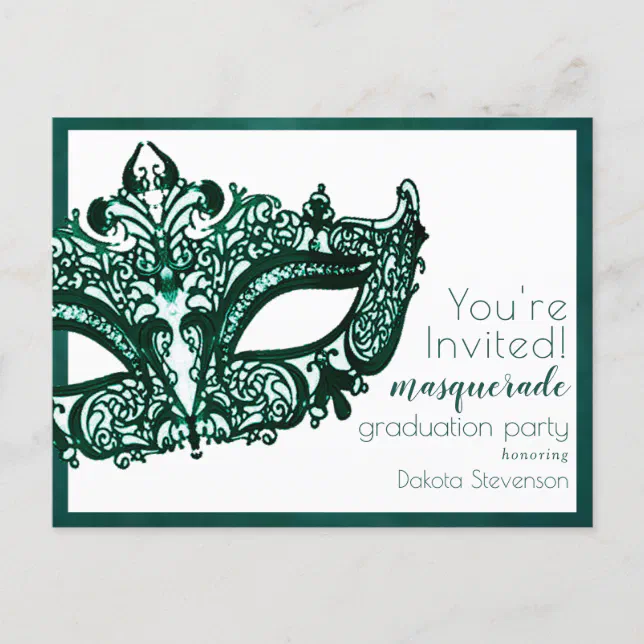 Masquerade Green Mask | Mardi Gras Graduation Invitation Postcard | Zazzle