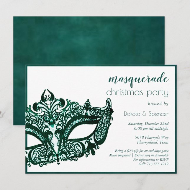 Masquerade Green Mask | Mardi Gras Theme Christmas Invitation (Front/Back)