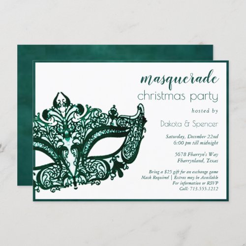 Masquerade Green Mask  Mardi Gras Theme Christmas Invitation