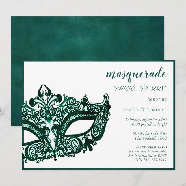 Masquerade Green Mask | Mardi Gras Theme Sweet 16 Invitation (Front/Back)